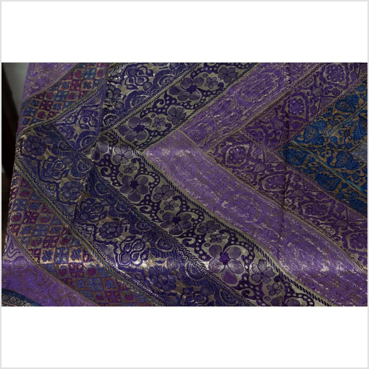 Vintage Indian Purple Silk Embroidered Fabric with Purple, Silver and Gold Tones-9. Asian & Chinese Furniture, Art, Antiques, Vintage Home Décor for sale at FEA Home