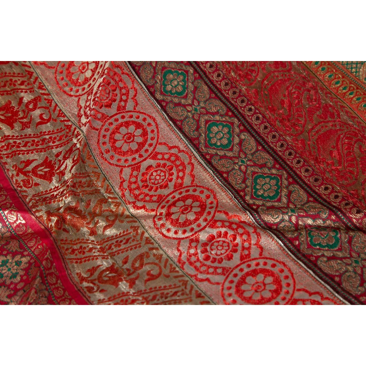 Vintage Silk Indian Embroidered Fabric with Red, Orange, Purple and Golden Tones-12. Asian & Chinese Furniture, Art, Antiques, Vintage Home Décor for sale at FEA Home