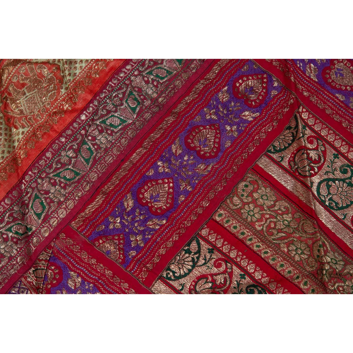 Vintage Silk Indian Embroidered Fabric with Red, Orange, Purple and Golden Tones-14. Asian & Chinese Furniture, Art, Antiques, Vintage Home Décor for sale at FEA Home