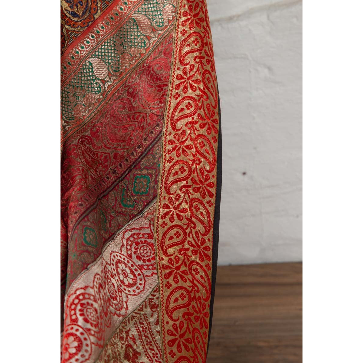 Vintage Silk Indian Embroidered Fabric with Red, Orange, Purple and Golden Tones-15. Asian & Chinese Furniture, Art, Antiques, Vintage Home Décor for sale at FEA Home