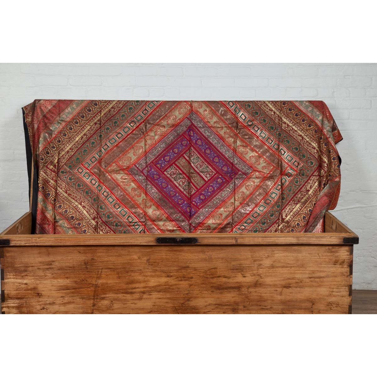 Vintage Silk Indian Embroidered Fabric with Red, Orange, Purple and Golden Tones-16. Asian & Chinese Furniture, Art, Antiques, Vintage Home Décor for sale at FEA Home