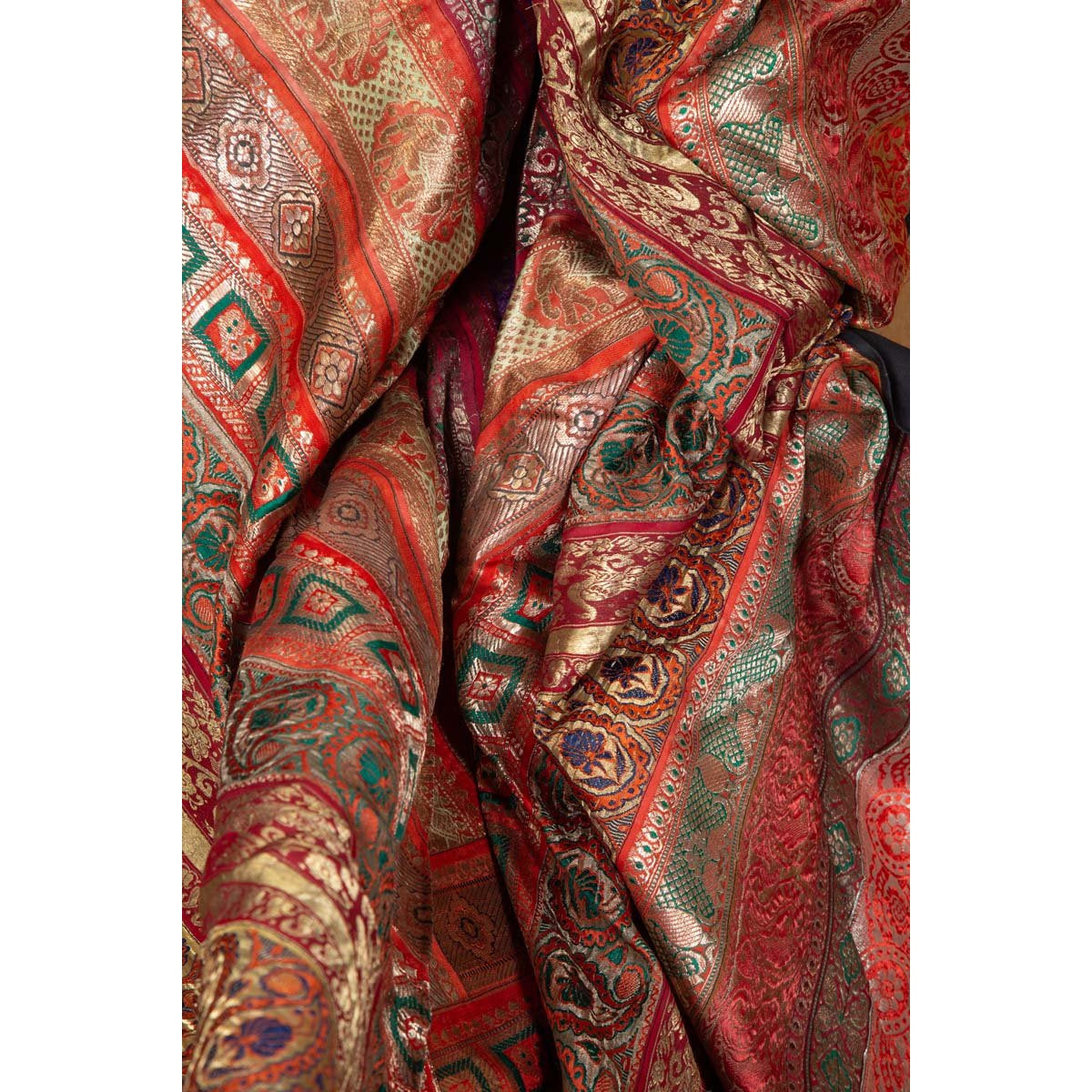Vintage Silk Indian Embroidered Fabric with Red, Orange, Purple and Golden Tones-18. Asian & Chinese Furniture, Art, Antiques, Vintage Home Décor for sale at FEA Home