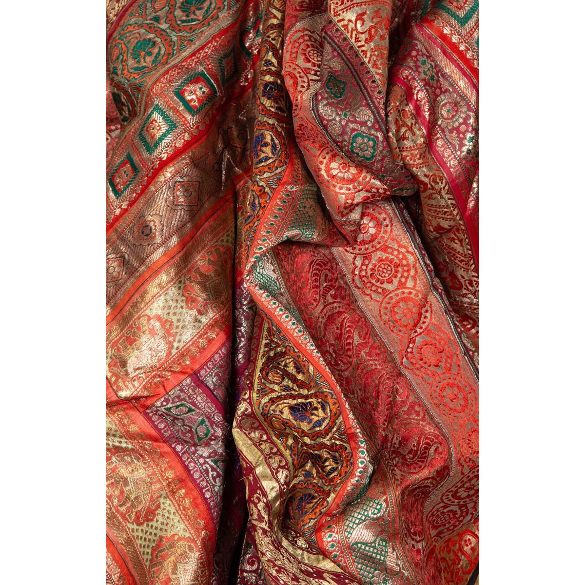 Vintage Silk Indian Embroidered Fabric with Red, Orange, Purple and Golden Tones-19. Asian & Chinese Furniture, Art, Antiques, Vintage Home Décor for sale at FEA Home