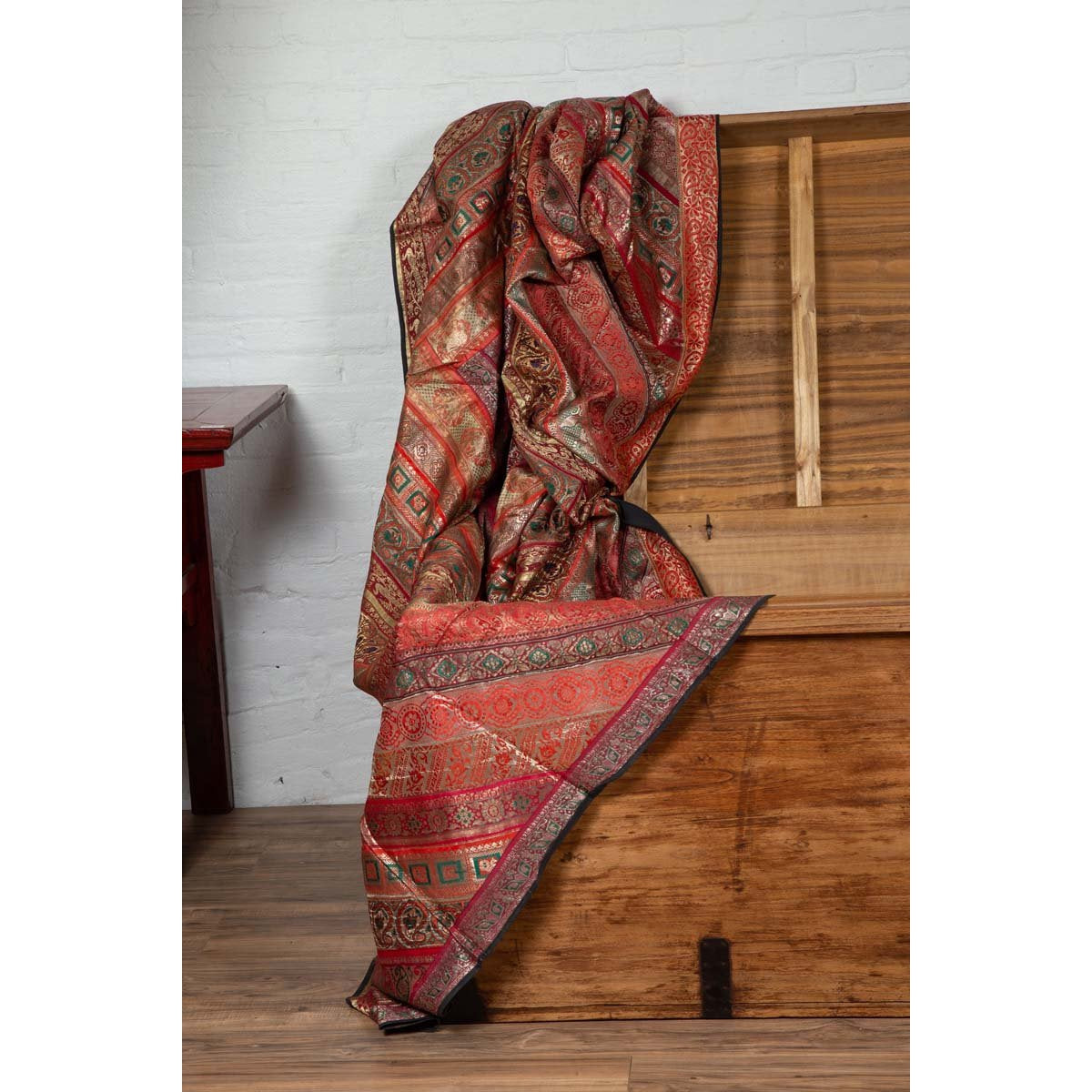 Vintage Silk Indian Embroidered Fabric with Red, Orange, Purple and Golden Tones-3. Asian & Chinese Furniture, Art, Antiques, Vintage Home Décor for sale at FEA Home