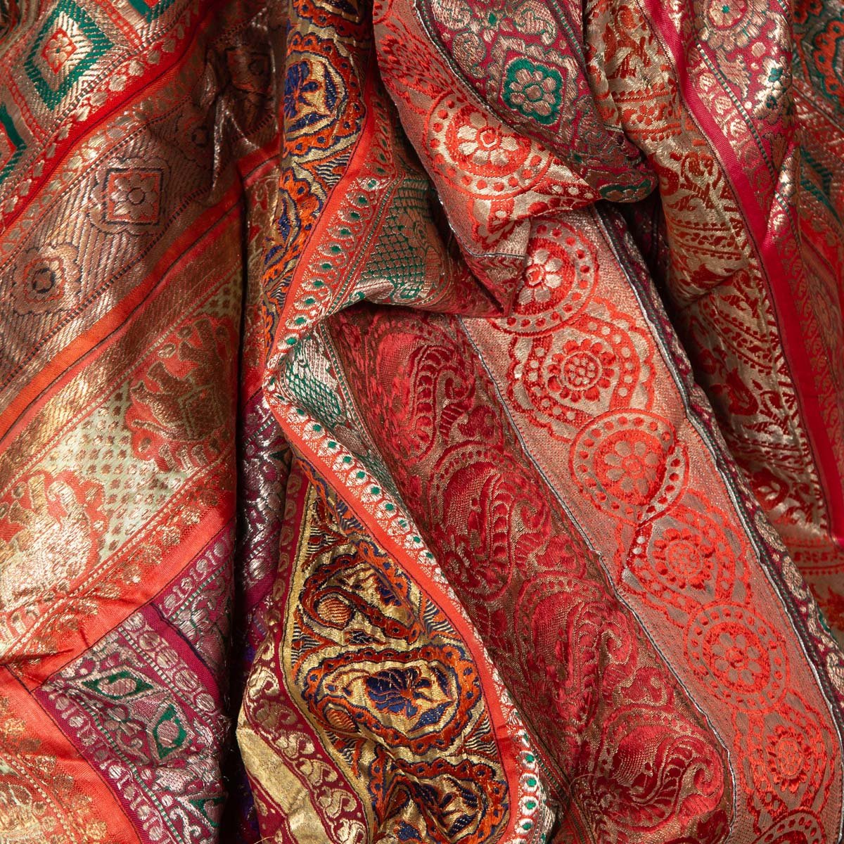 Vintage Silk Indian Embroidered Fabric with Red, Orange, Purple and Golden Tones-5. Asian & Chinese Furniture, Art, Antiques, Vintage Home Décor for sale at FEA Home