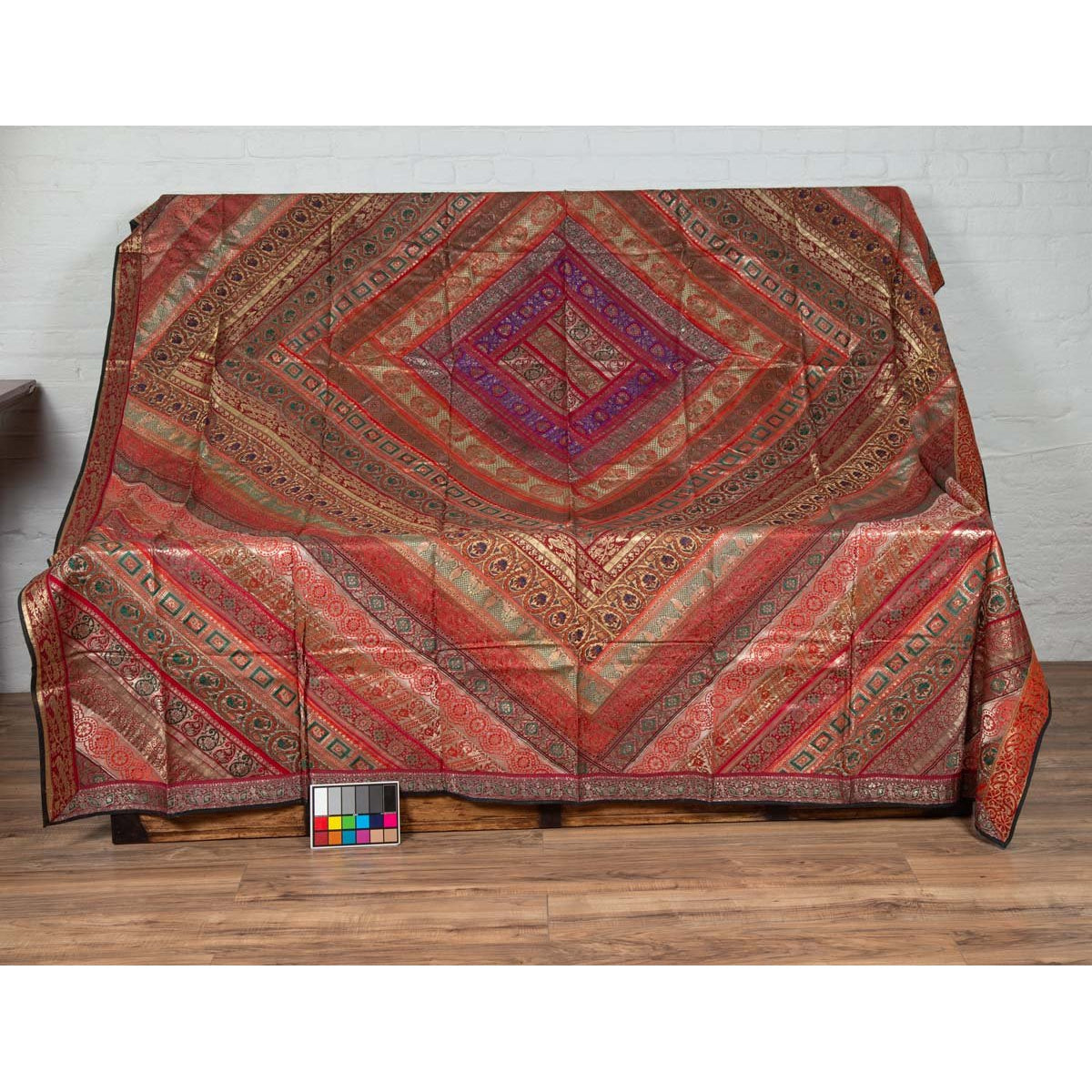 Vintage Silk Indian Embroidered Fabric with Red, Orange, Purple and Golden Tones-6. Asian & Chinese Furniture, Art, Antiques, Vintage Home Décor for sale at FEA Home