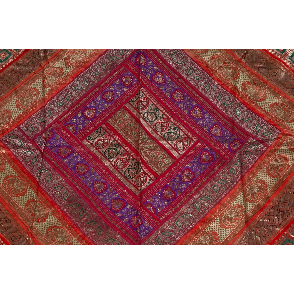 Vintage Silk Indian Embroidered Fabric with Red, Orange, Purple and Golden Tones-2. Asian & Chinese Furniture, Art, Antiques, Vintage Home Décor for sale at FEA Home