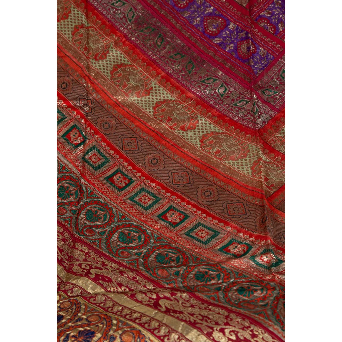 Vintage Silk Indian Embroidered Fabric with Red, Orange, Purple and Golden Tones-7. Asian & Chinese Furniture, Art, Antiques, Vintage Home Décor for sale at FEA Home