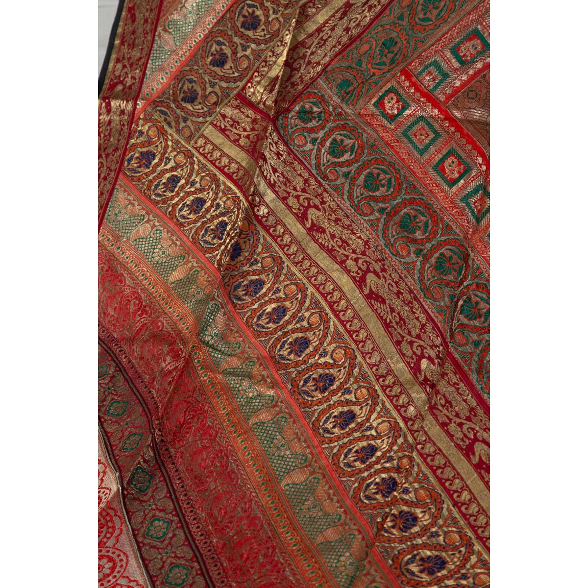 Vintage Silk Indian Embroidered Fabric with Red, Orange, Purple and Golden Tones-8. Asian & Chinese Furniture, Art, Antiques, Vintage Home Décor for sale at FEA Home