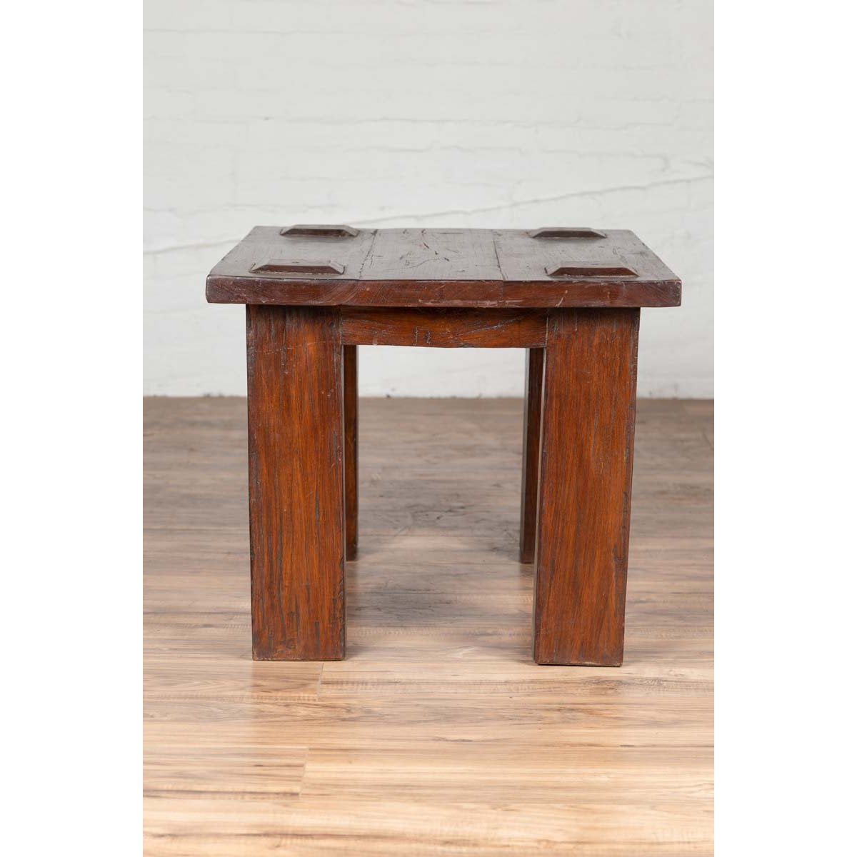 Vintage Javanese Midcentury Wooden Bench with Raised Motifs and Straight Legs-11. Asian & Chinese Furniture, Art, Antiques, Vintage Home Décor for sale at FEA Home
