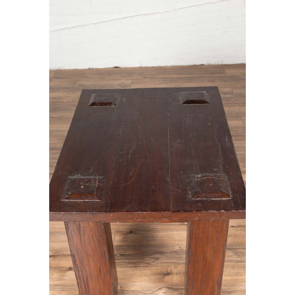Vintage Javanese Midcentury Wooden Bench with Raised Motifs and Straight Legs-12. Asian & Chinese Furniture, Art, Antiques, Vintage Home Décor for sale at FEA Home