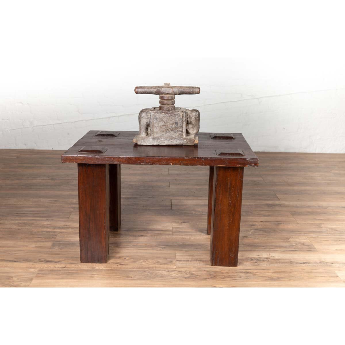 Vintage Javanese Midcentury Wooden Bench with Raised Motifs and Straight Legs-3. Asian & Chinese Furniture, Art, Antiques, Vintage Home Décor for sale at FEA Home