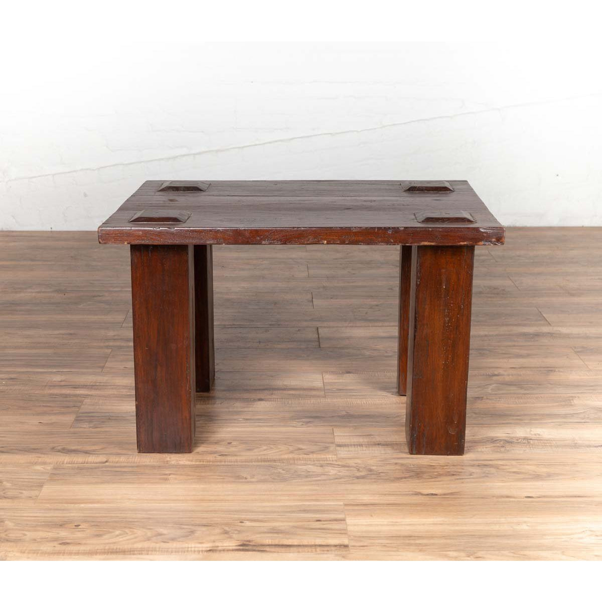 Vintage Javanese Midcentury Wooden Bench with Raised Motifs and Straight Legs-6. Asian & Chinese Furniture, Art, Antiques, Vintage Home Décor for sale at FEA Home