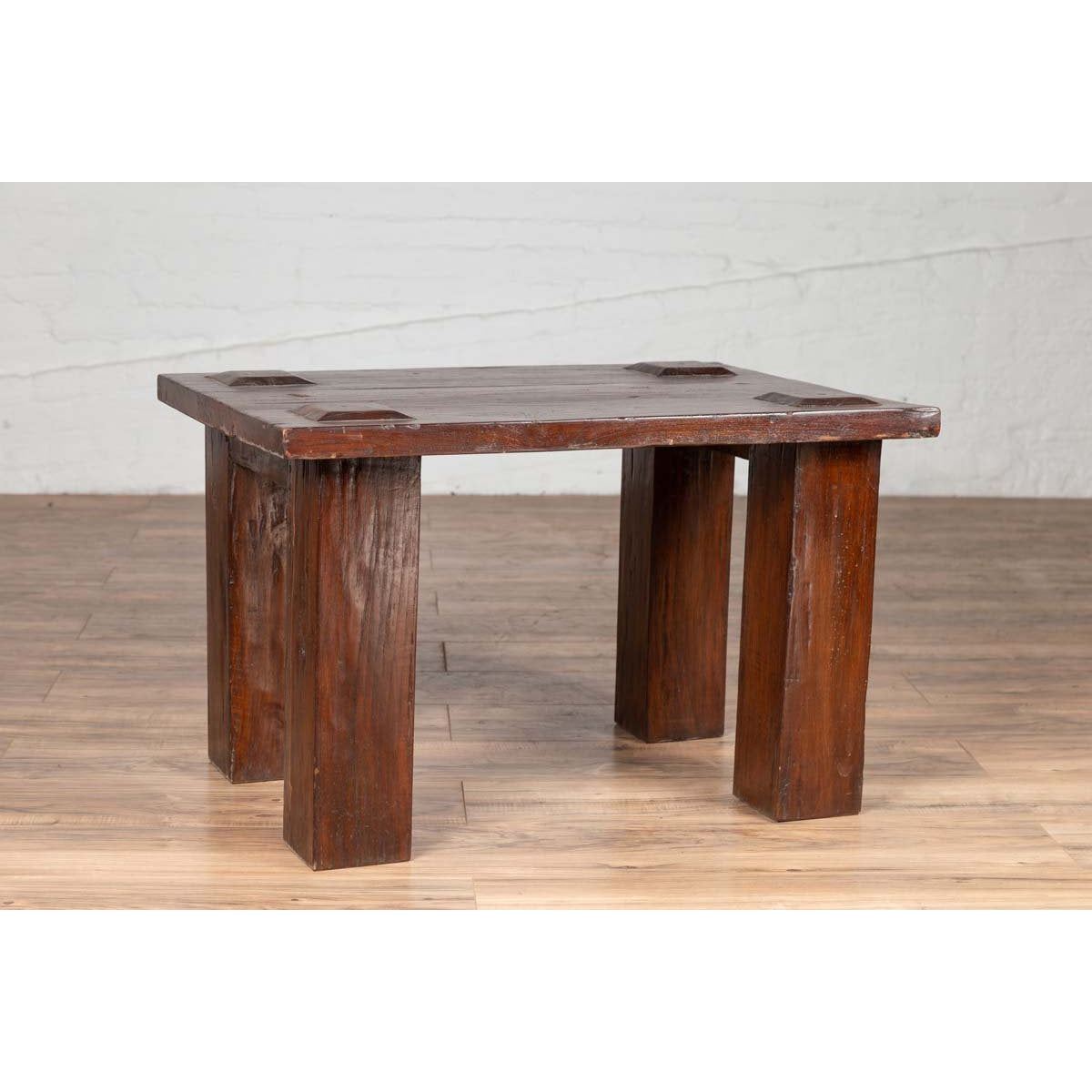 Vintage Javanese Midcentury Wooden Bench with Raised Motifs and Straight Legs-8. Asian & Chinese Furniture, Art, Antiques, Vintage Home Décor for sale at FEA Home