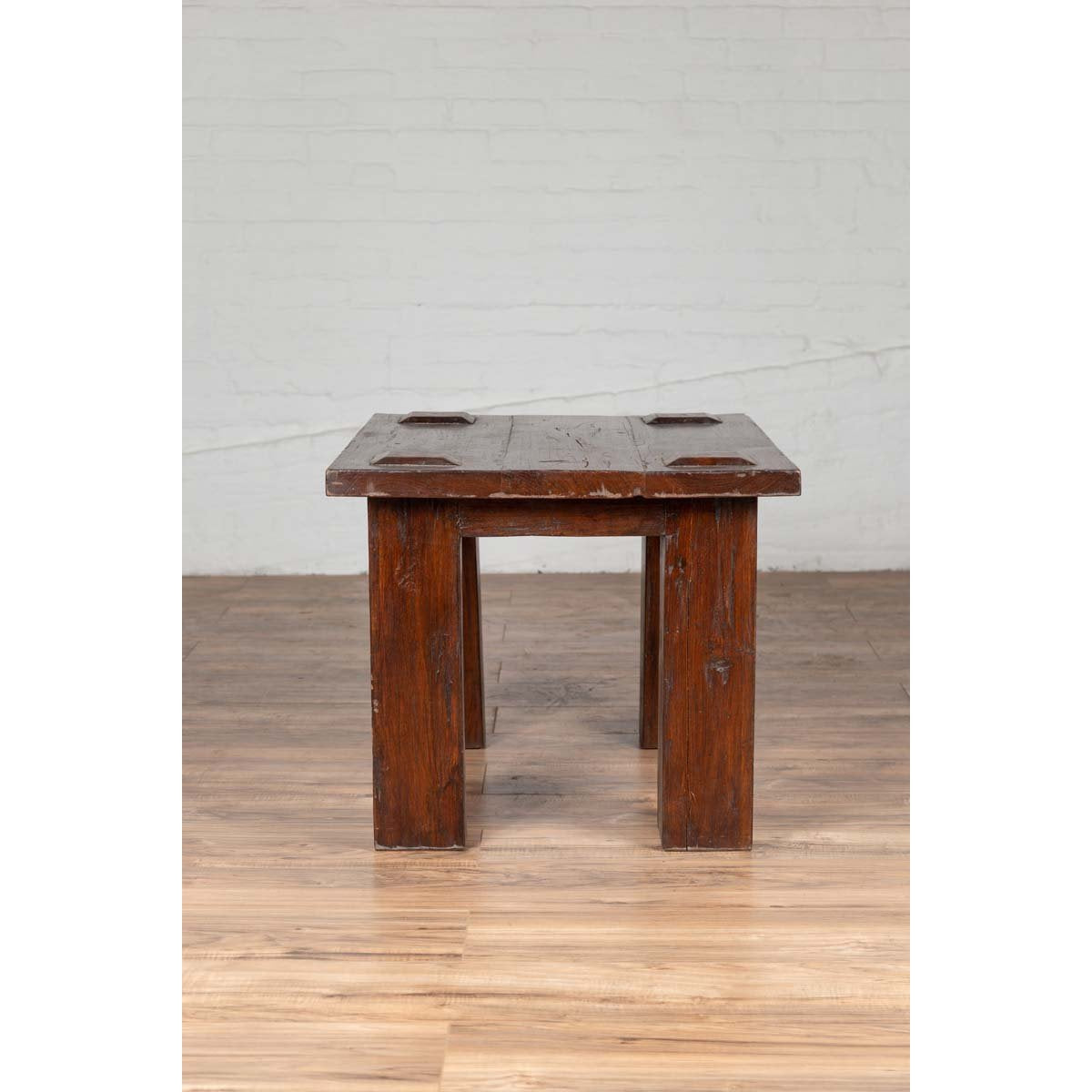 Vintage Javanese Midcentury Wooden Bench with Raised Motifs and Straight Legs-9. Asian & Chinese Furniture, Art, Antiques, Vintage Home Décor for sale at FEA Home