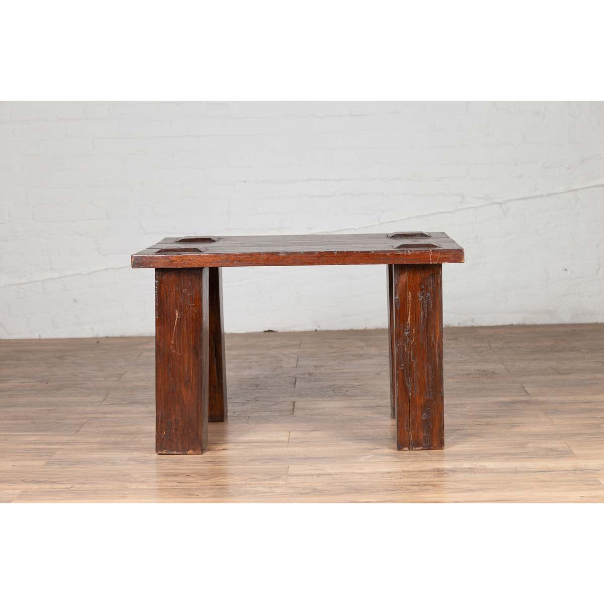 Vintage Javanese Midcentury Wooden Bench with Raised Motifs and Straight Legs-10. Asian & Chinese Furniture, Art, Antiques, Vintage Home Décor for sale at FEA Home