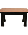 Red lacquered rectangular side table with four wooden legs, displayed on a white background.