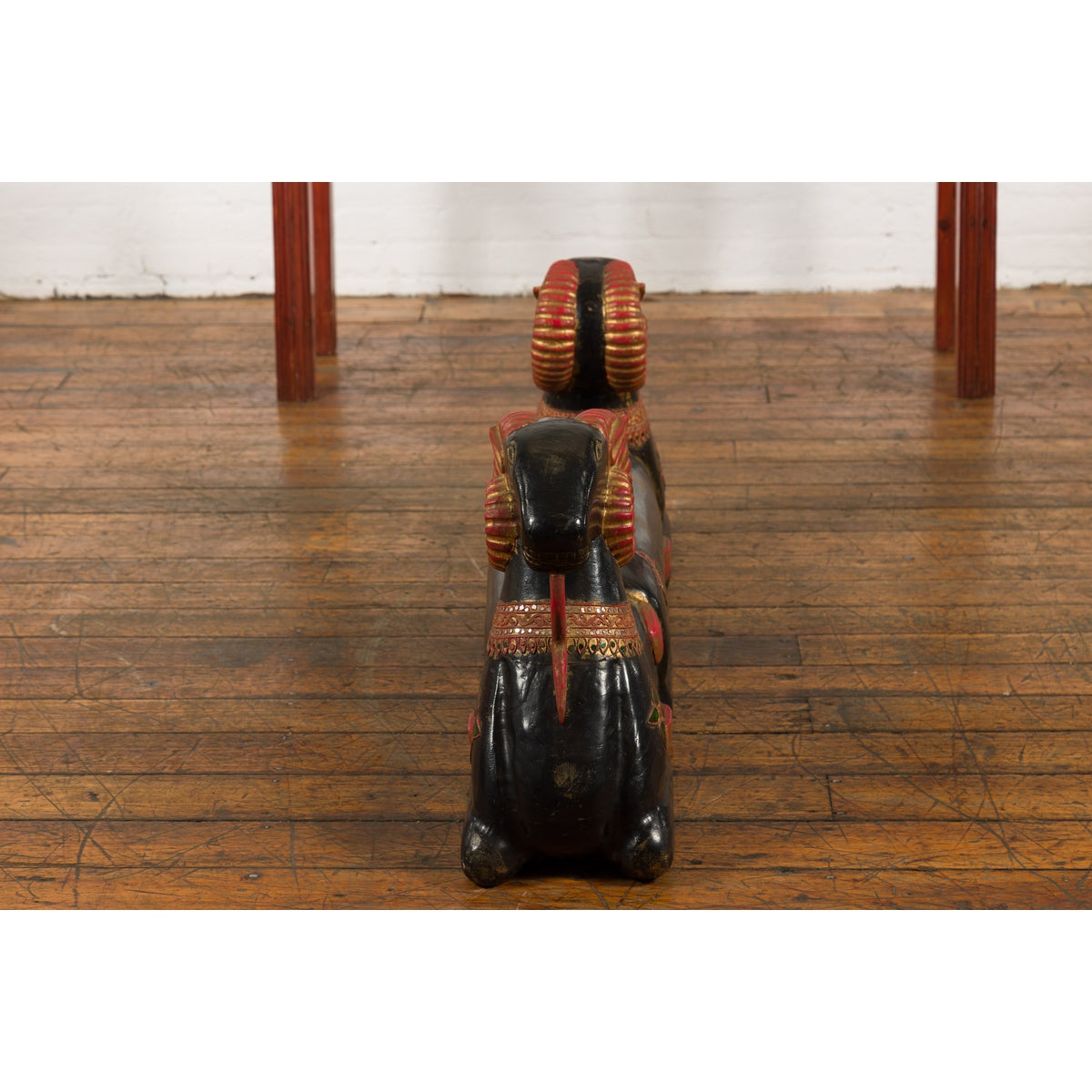 Vintage Northern Thai Double Ram Painted Sculpture with Gilt and Jewelry Motifs-14. Asian & Chinese Furniture, Art, Antiques, Vintage Home Décor for sale at FEA Home