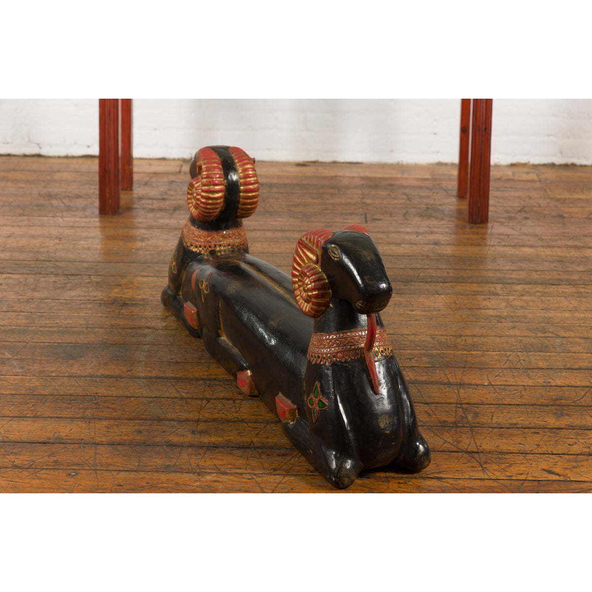 Vintage Northern Thai Double Ram Painted Sculpture with Gilt and Jewelry Motifs-15. Asian & Chinese Furniture, Art, Antiques, Vintage Home Décor for sale at FEA Home