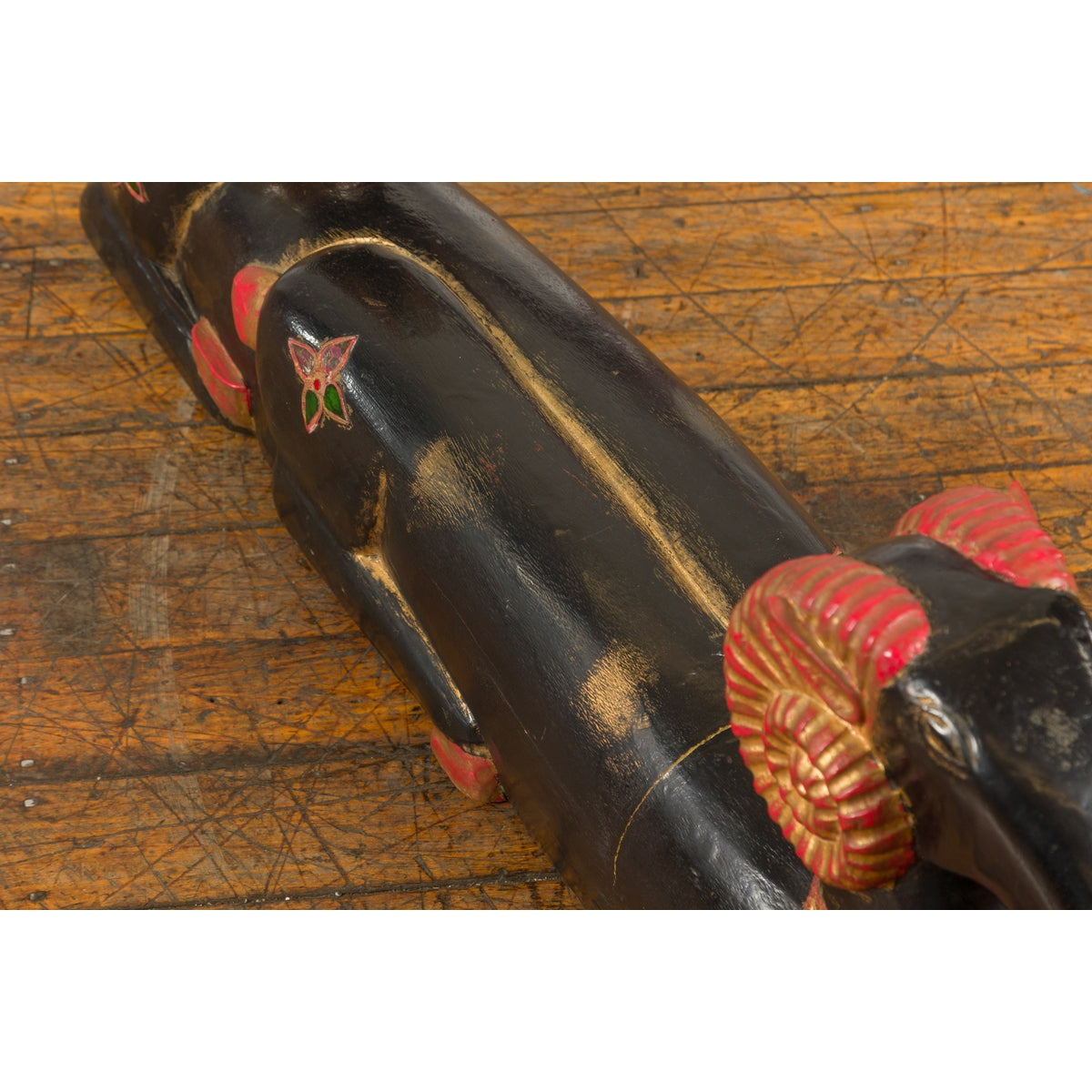 Vintage Northern Thai Double Ram Painted Sculpture with Gilt and Jewelry Motifs-16. Asian & Chinese Furniture, Art, Antiques, Vintage Home Décor for sale at FEA Home