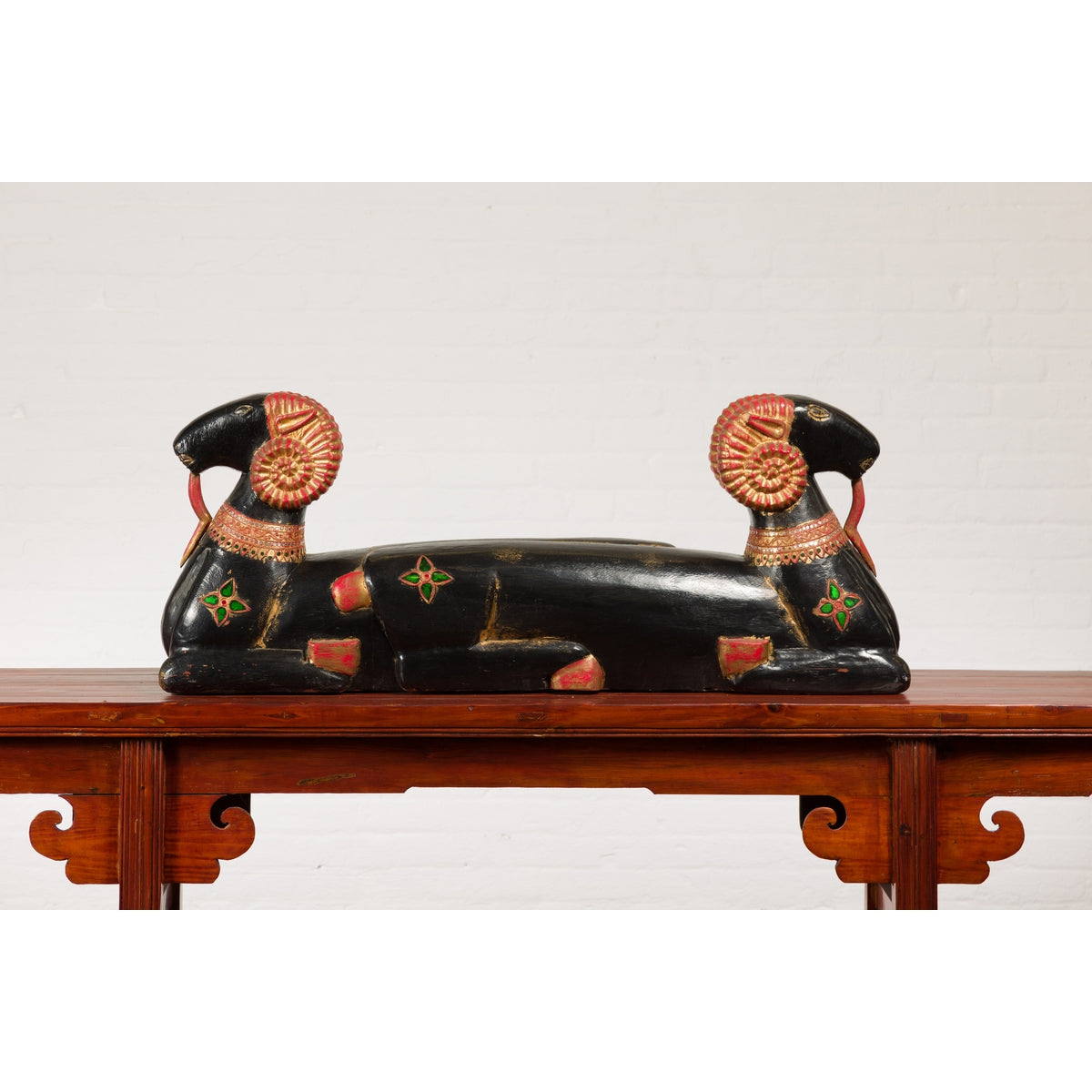 Vintage Northern Thai Double Ram Painted Sculpture with Gilt and Jewelry Motifs-3. Asian & Chinese Furniture, Art, Antiques, Vintage Home Décor for sale at FEA Home