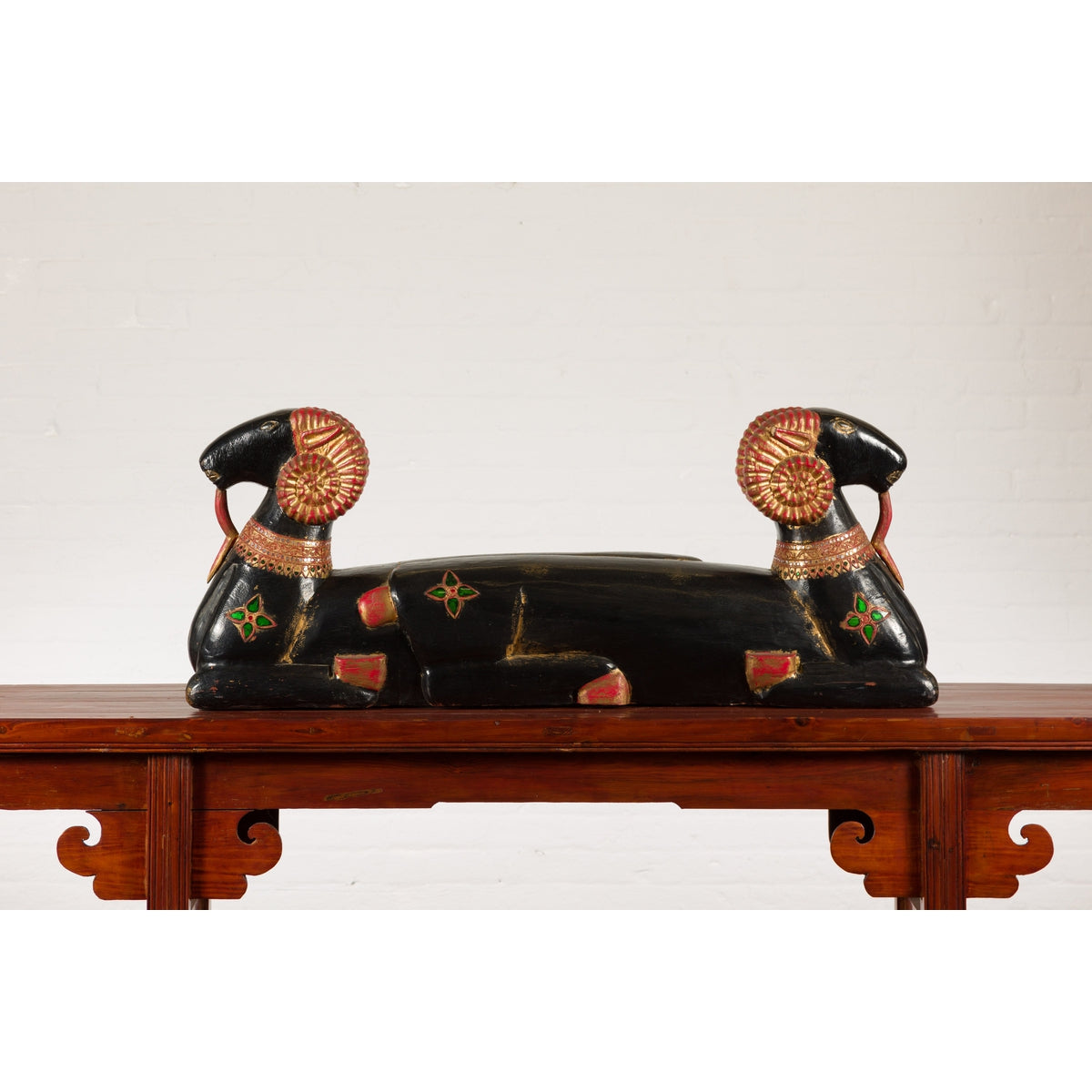 Vintage Northern Thai Double Ram Painted Sculpture with Gilt and Jewelry Motifs-4. Asian & Chinese Furniture, Art, Antiques, Vintage Home Décor for sale at FEA Home