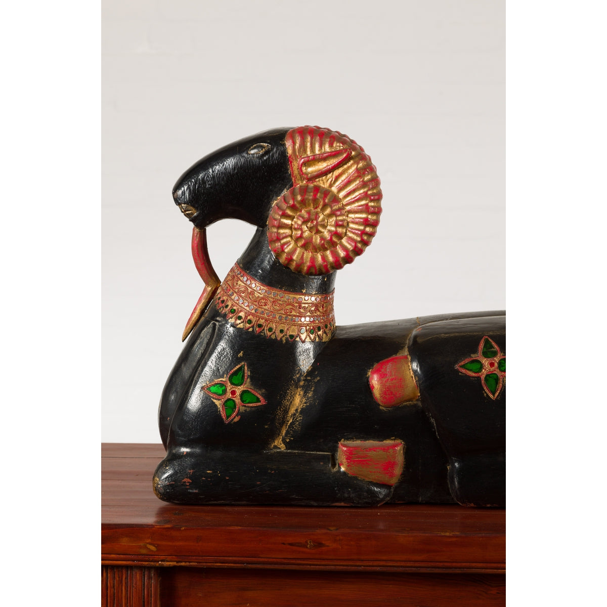 Vintage Northern Thai Double Ram Painted Sculpture with Gilt and Jewelry Motifs-5. Asian & Chinese Furniture, Art, Antiques, Vintage Home Décor for sale at FEA Home