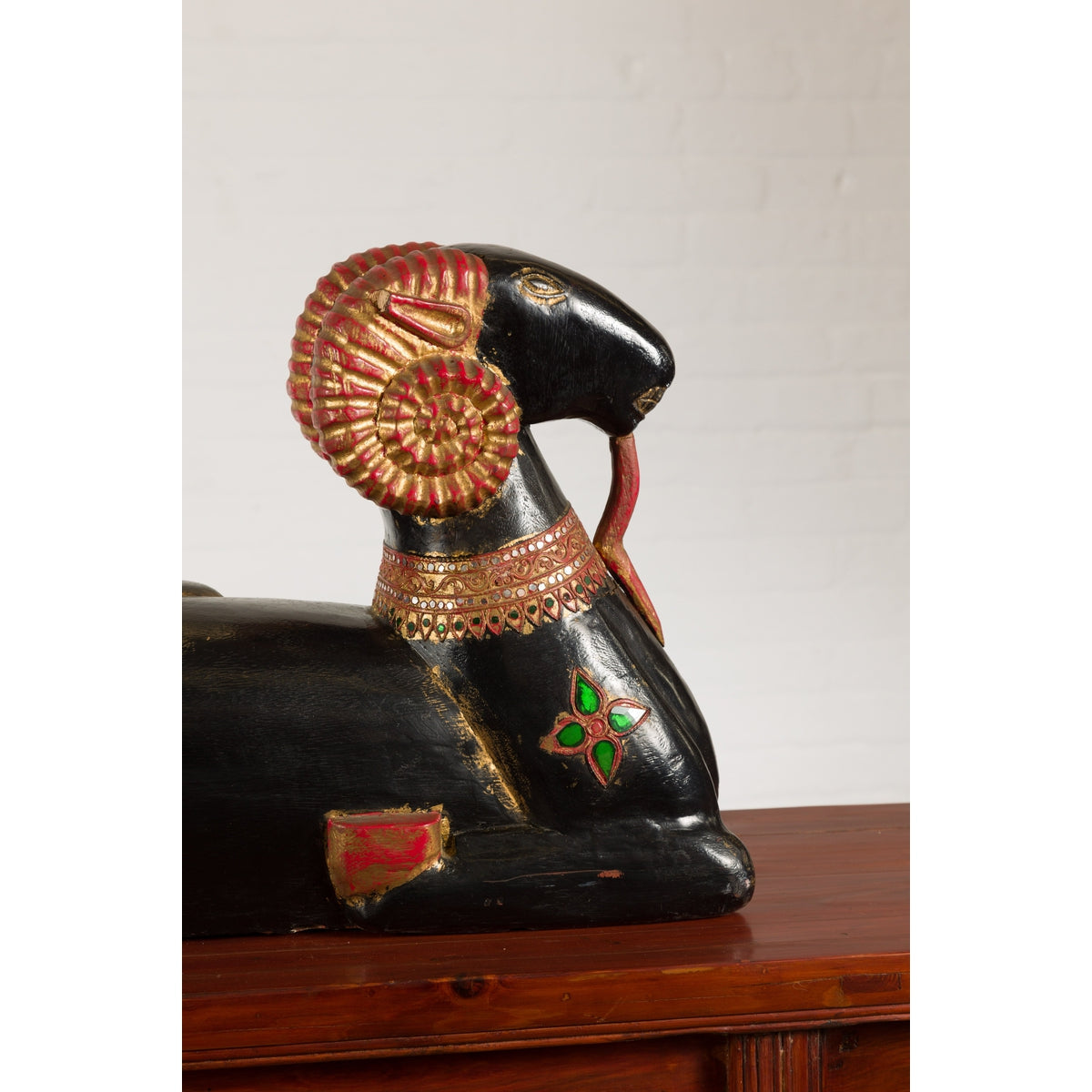 Vintage Northern Thai Double Ram Painted Sculpture with Gilt and Jewelry Motifs-6. Asian & Chinese Furniture, Art, Antiques, Vintage Home Décor for sale at FEA Home