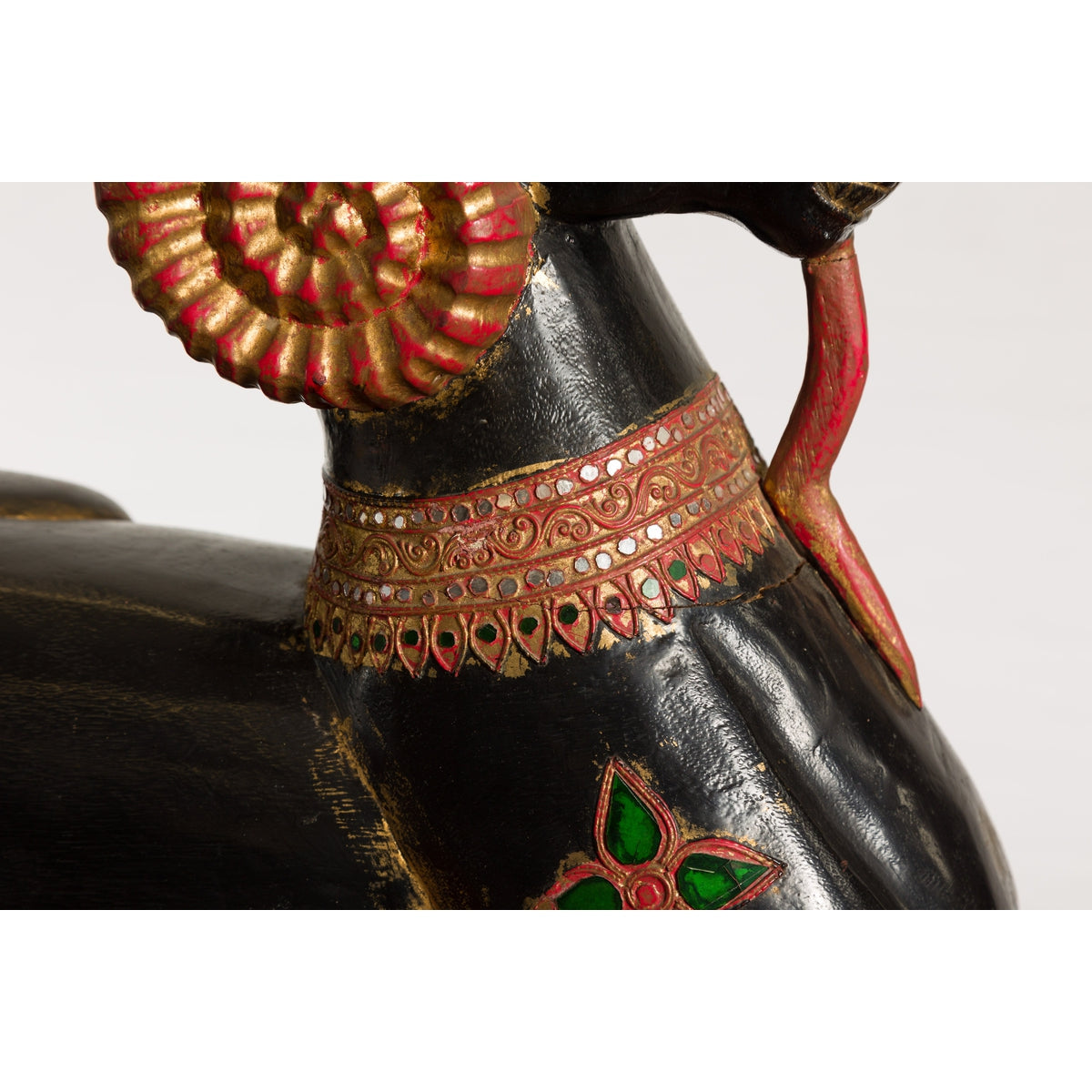 Vintage Northern Thai Double Ram Painted Sculpture with Gilt and Jewelry Motifs-9. Asian & Chinese Furniture, Art, Antiques, Vintage Home Décor for sale at FEA Home