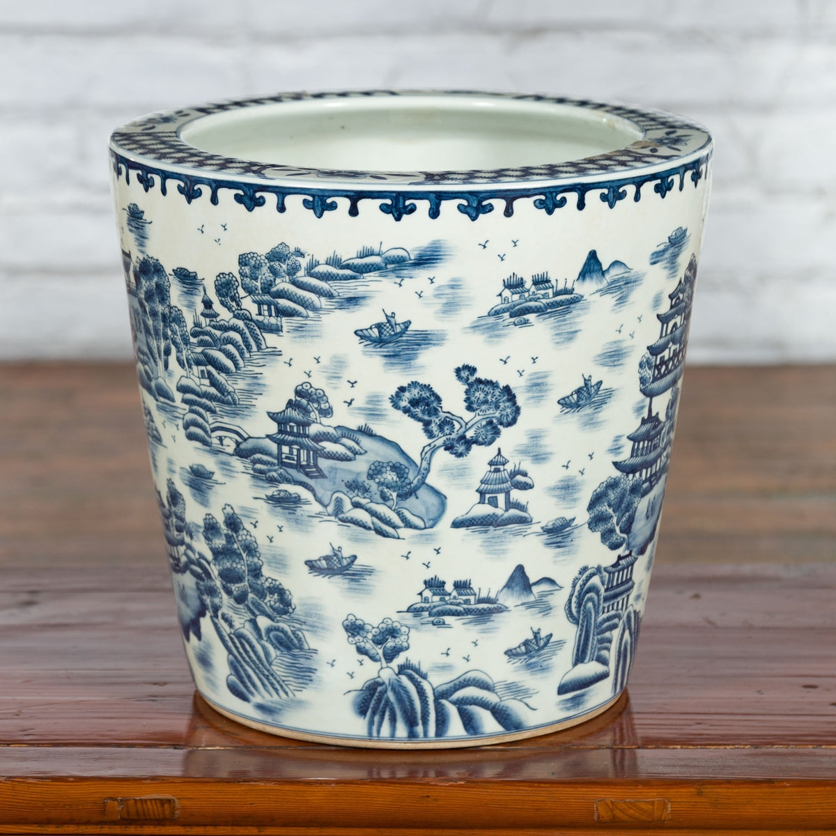 Vintage Porcelain Cache-Pot Planter with Blue and White Mountainous Landscape-3. Asian & Chinese Furniture, Art, Antiques, Vintage Home Décor for sale at FEA Home