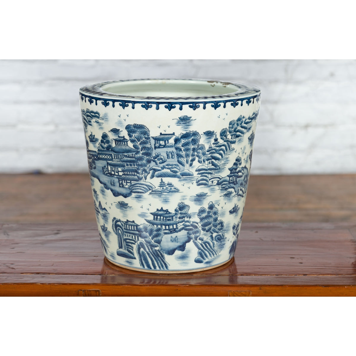 Vintage Porcelain Cache-Pot Planter with Blue and White Mountainous Landscape-2. Asian & Chinese Furniture, Art, Antiques, Vintage Home Décor for sale at FEA Home
