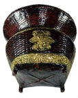 Gold and bamboo offering basket with ornate gilt floral décor, side view.