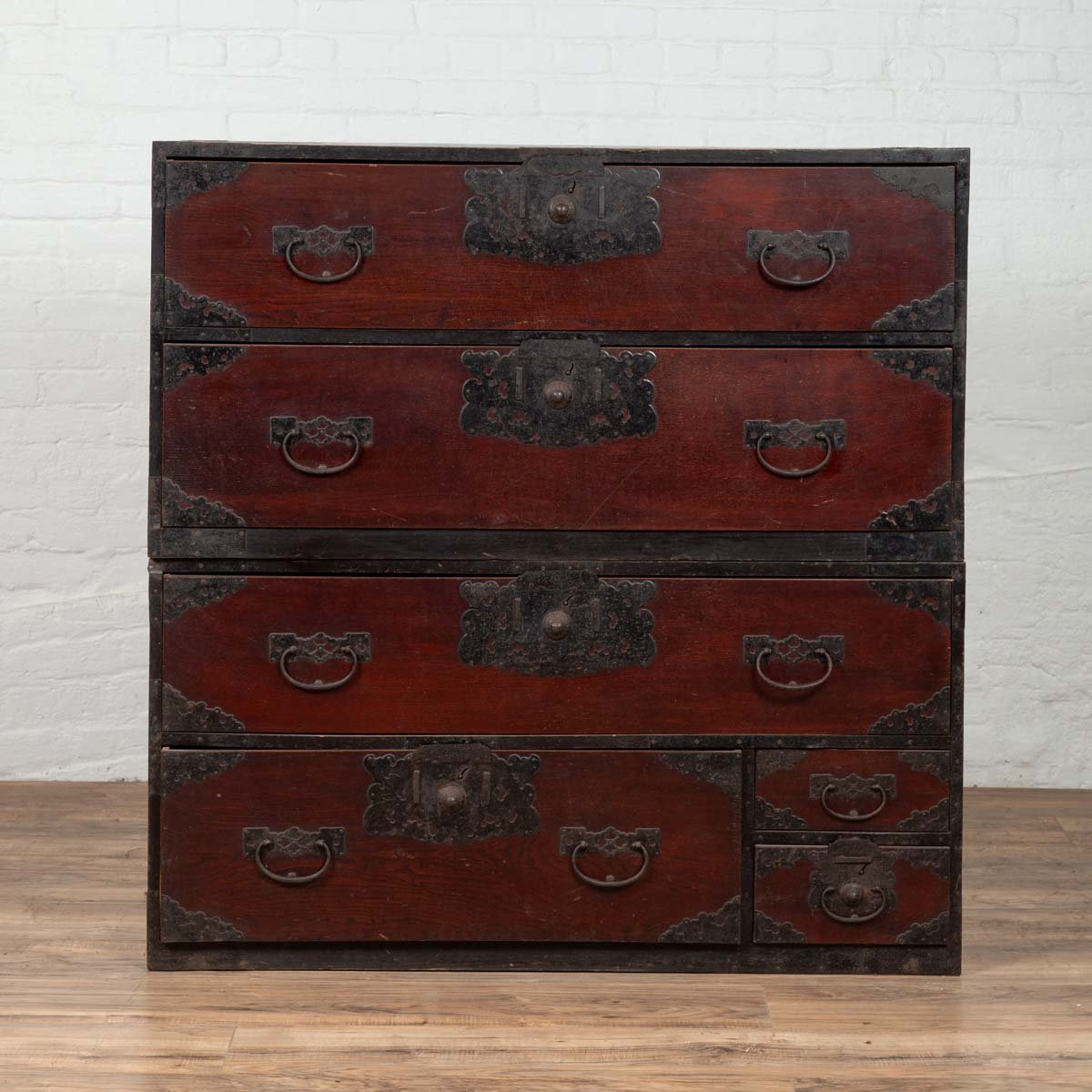 Japanese 19th Century Lacquered Sendai Clothing Tansu with elaborate hand-forged iron hardware