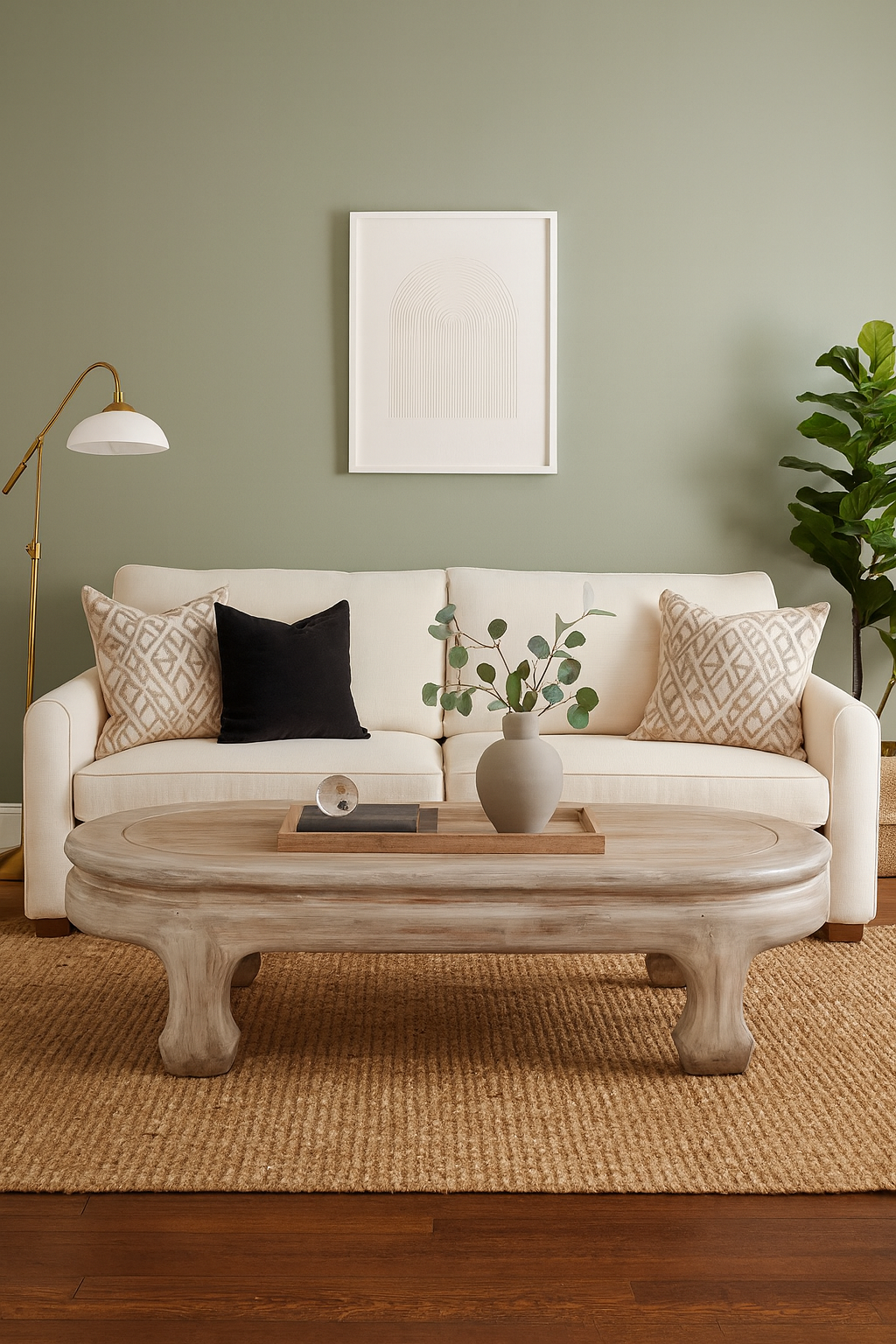 Vintage Low Whitewash Teak Wood Coffee table with Oval Top