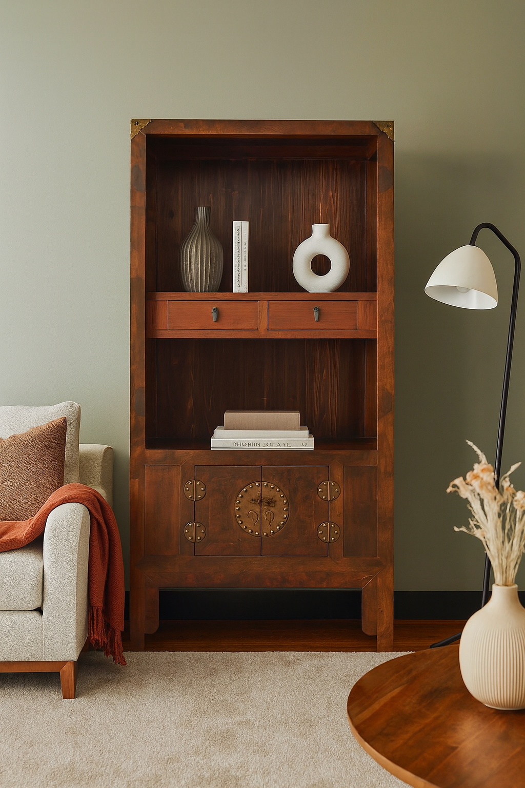 Antique elmwood bookcase with two shelves and drawers next to beige armchair with rust-colored throw.