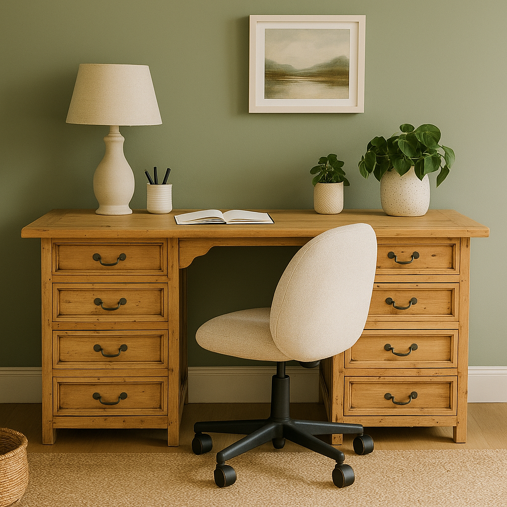 Bleached teak kneehole desk with eight drawers in a cozy green-walled room with decor.