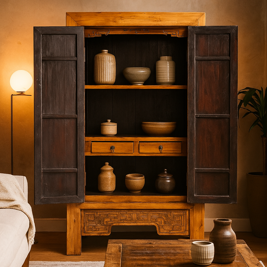 Large Elmwood Cabinet with Carved Apron and Round Brass Medallion, SKU , image 1