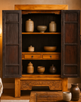 Large Elmwood Cabinet with Carved Apron and Round Brass Medallion, SKU , image 1