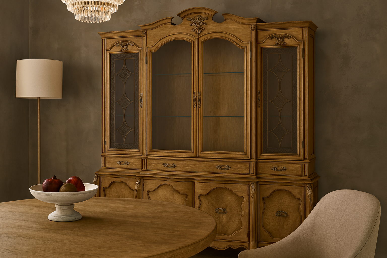Large French Provincial Style China Cabinet in Hardwood Finish, Wired, SKU , image 2