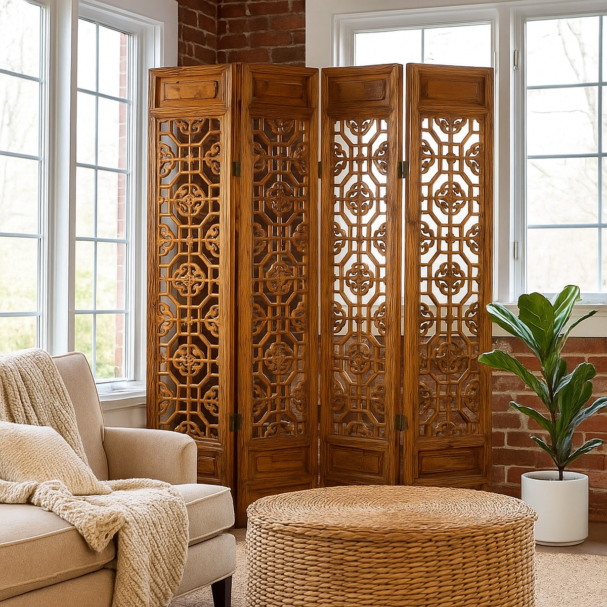 Beige four-panel screen with geometric fretwork motifs next to a beige sofa and plant in a bright, cozy room.