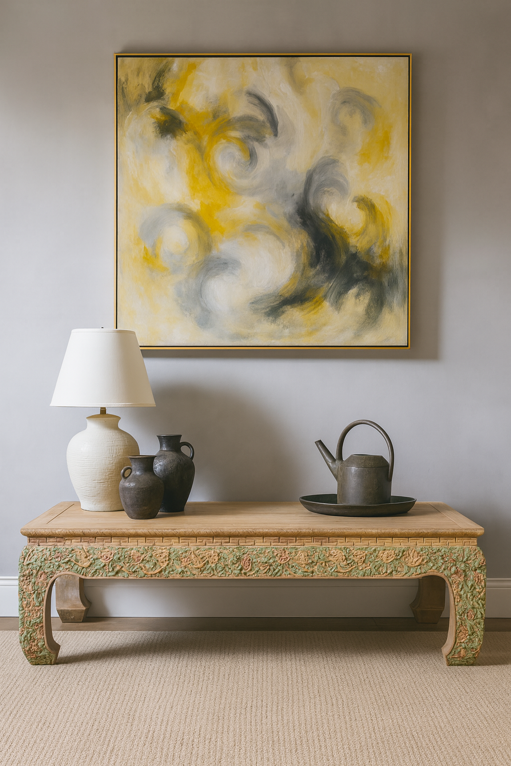 Contemporary Teak Wood Coffee Table with Painted Floral Design