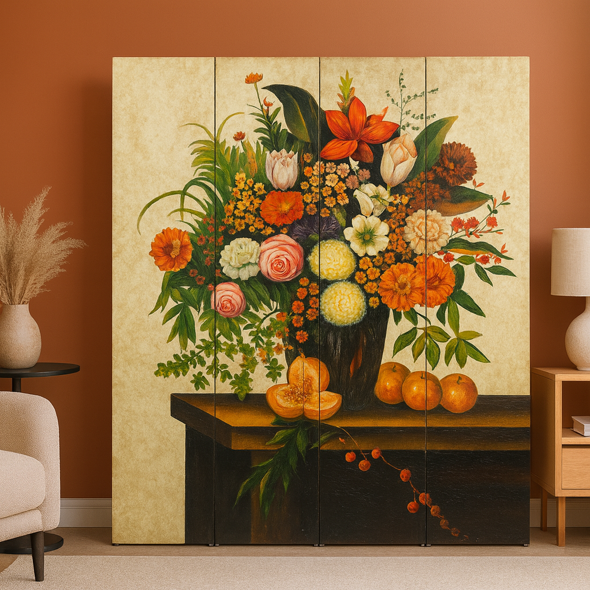 Four-Panel Hand-Painted Folding Screen with Still-Life Floral Composition-1. Asian &amp; Chinese Furniture, Art, Antiques, Vintage Home Décor for sale at FEA Home