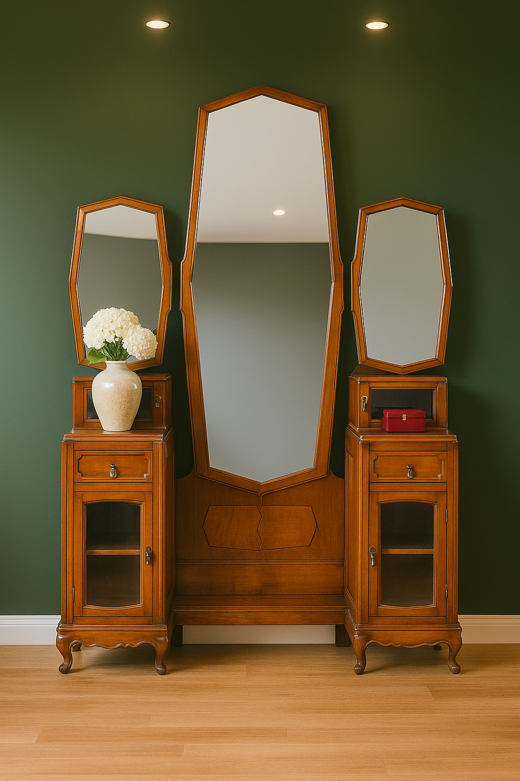 Green vintage vanity table with marble tabletops and octagonal mirrors, styled with a vase and red box against a green wall.