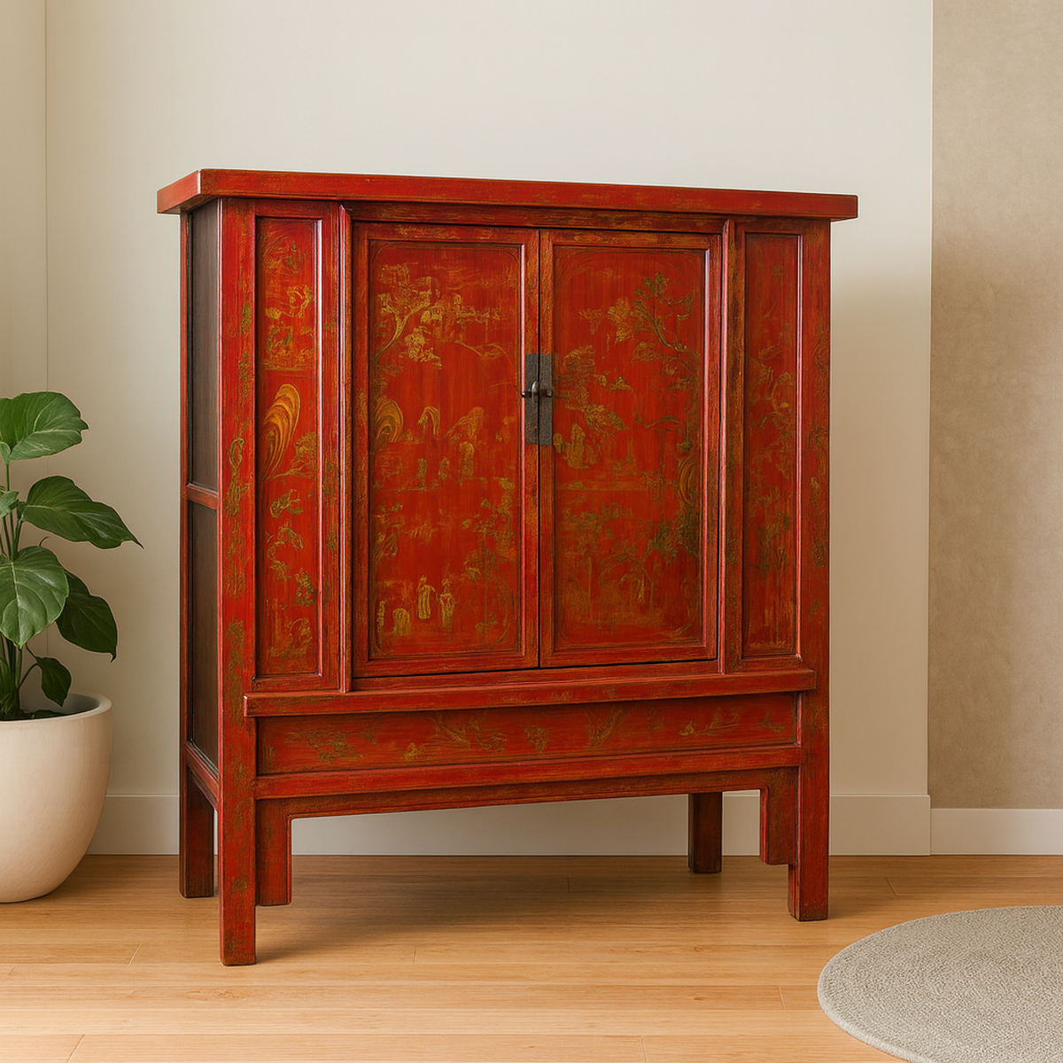 Red lacquer 19th century armoire with gilt décor on light wood floor next to a potted plant.