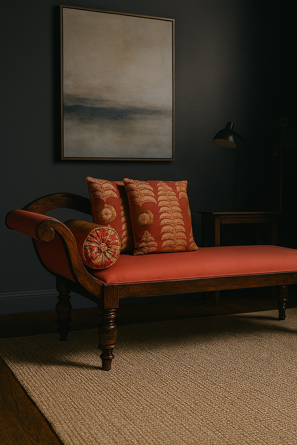 Récamier Style Daybed with Silk Cushion, Out-Scrolling Back and Turned Legs