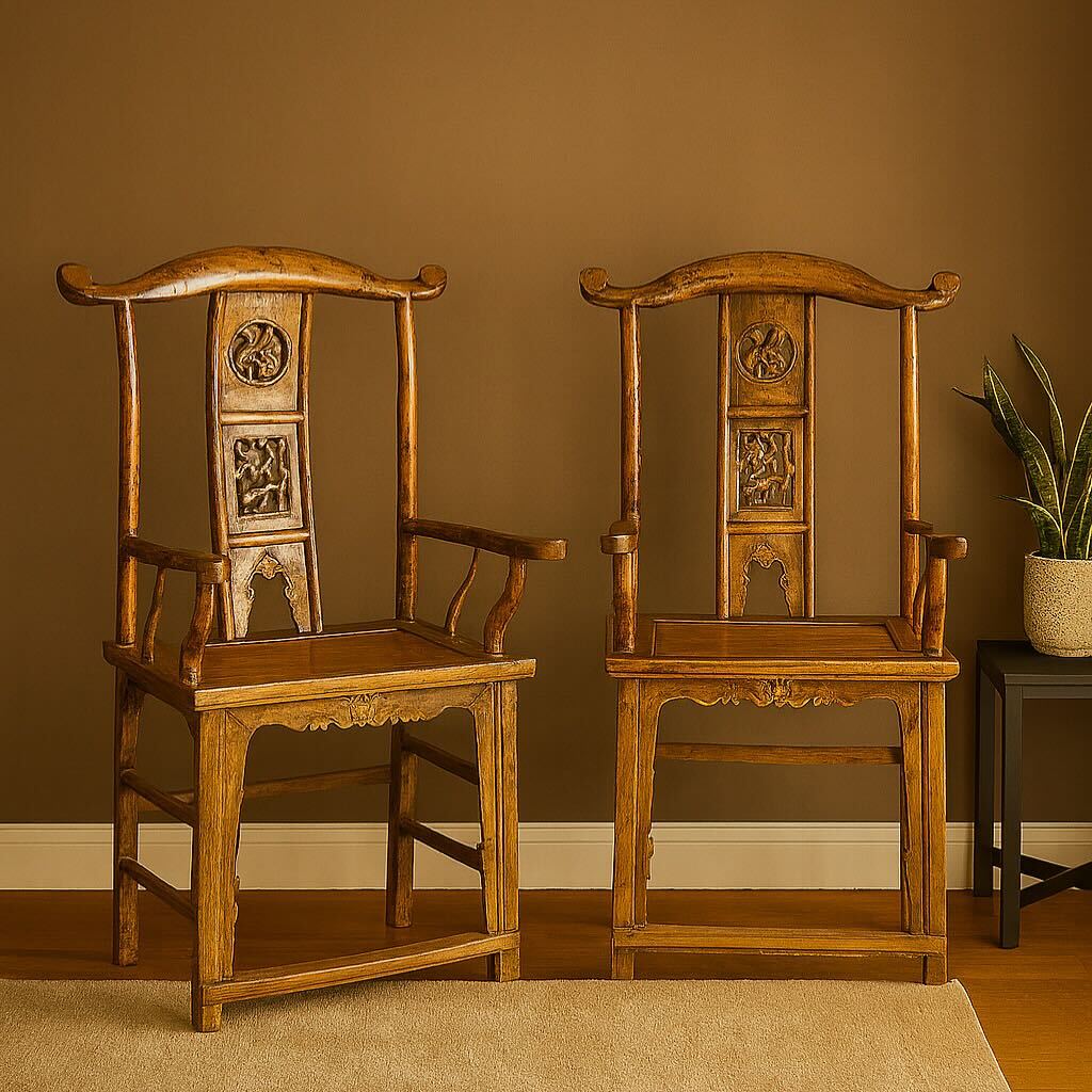 Pair of Chinese Qing Dynasty 19th Century Yoke Back Armchairs with Rattan Seats