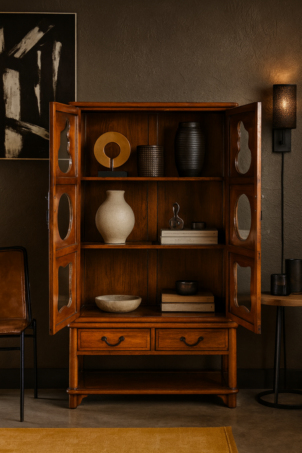 Two-Piece Hardwood Display Cabinet with Glass Paneled Cutouts
