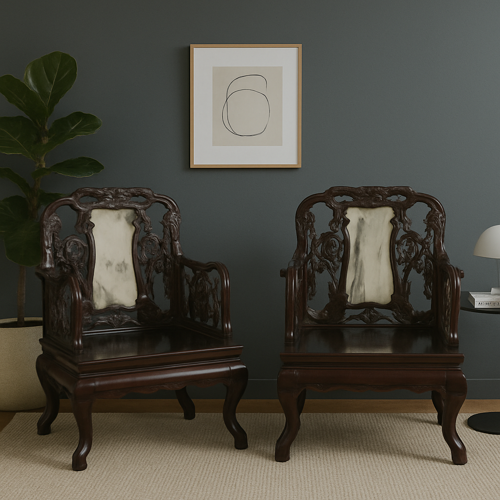 Pair of Hand Carved Rosewood Armchairs with Marble Backs &amp; Dark Patina