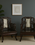 Pair of Hand Carved Rosewood Armchairs with Marble Backs & Dark Patina