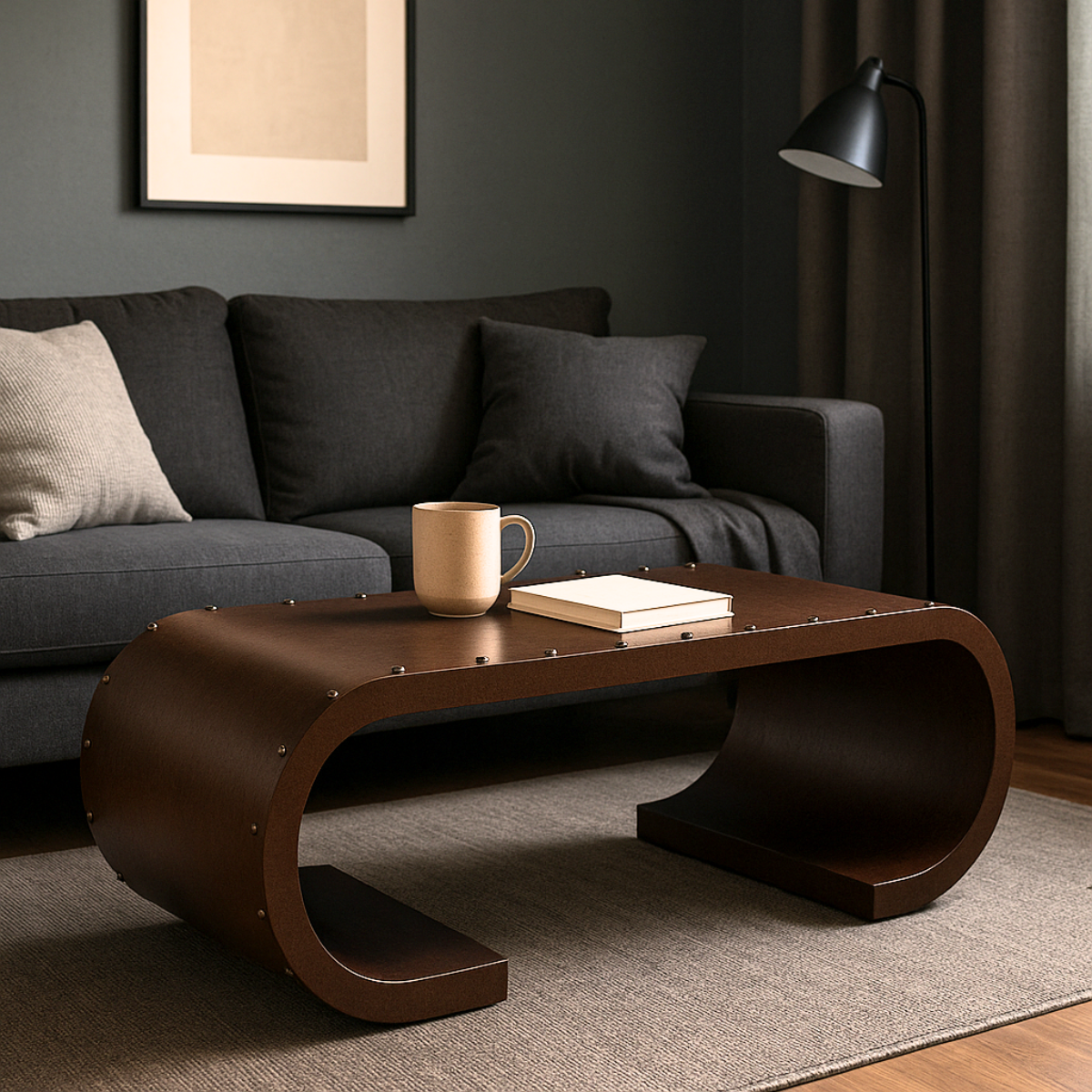 Waterfall Scroll Table with Crackled Brown Faux Leather